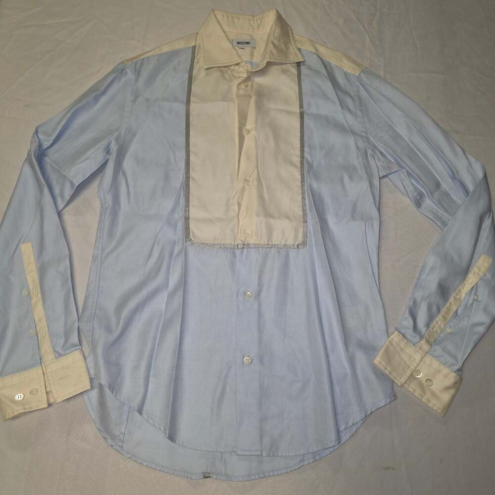 Moschino Men's Blue and White Tuxedo Bib Long Sleeve Dress Shirt Size M